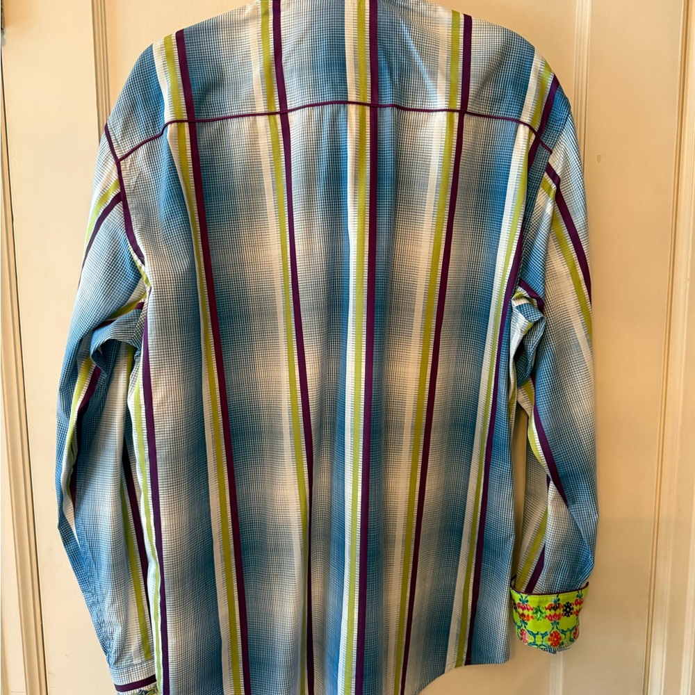 adidas Vertical Stripe Button-Down Shirt in Blue, Purple & Green - Picture 5 of 6